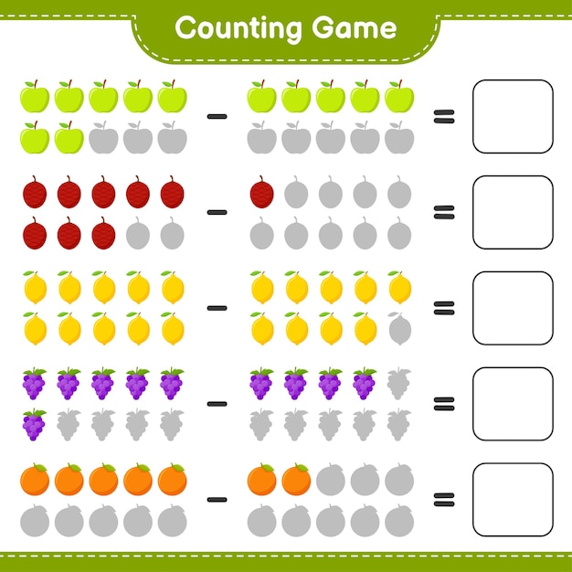 Counting game, count the number of Fruits and write the result. Educational children game, printable worksheet 
