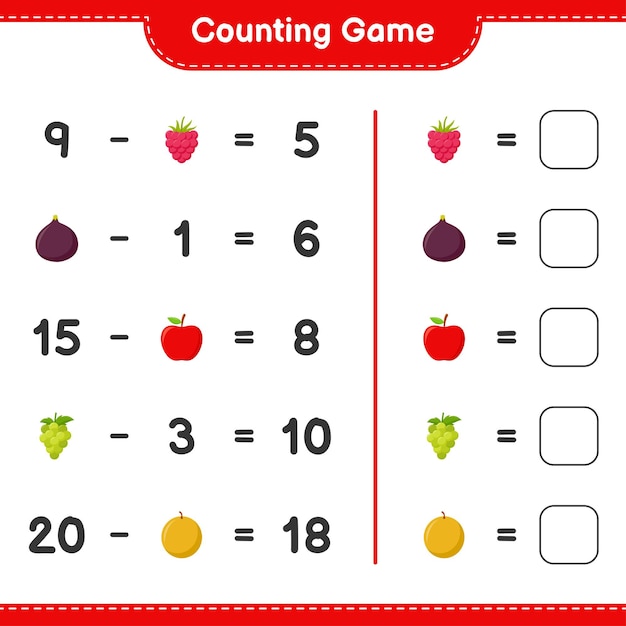 Counting game, count the number of Fruits and write the result. Educational children game, printable worksheet