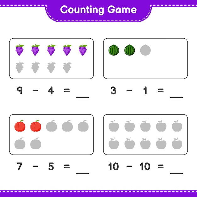 Counting game, count the number of Fruits and write the result. Educational children game, printable worksheet