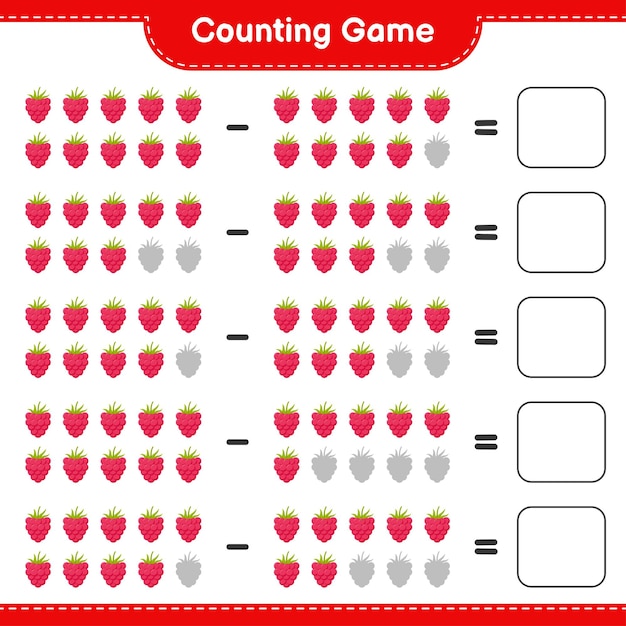 Counting game, count the number of Raspberries and write the result. Educational children game, printable worksheet 