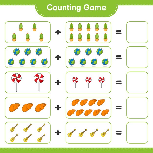 counting game, count the number of sea shells, ukulele, cactus, globe, candy and write the result. educational children game, printable worksheet, vector illustration