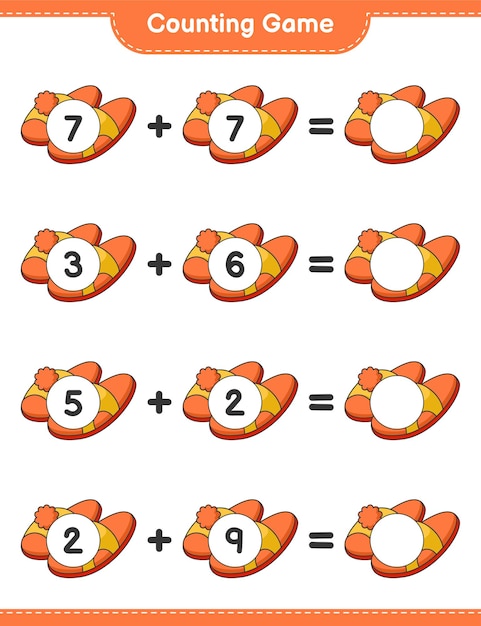 Counting game, count the number of Slippers and write the result. Educational children game, printable worksheet 