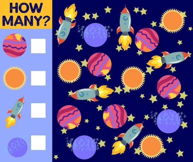 Counting Game for Preschool Children Educational a mathematical game Count how many space objects
