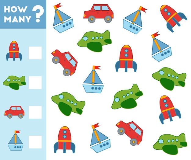Counting Game for Preschool Children. Educational a mathematical game. Count how many transport objects and write the result!