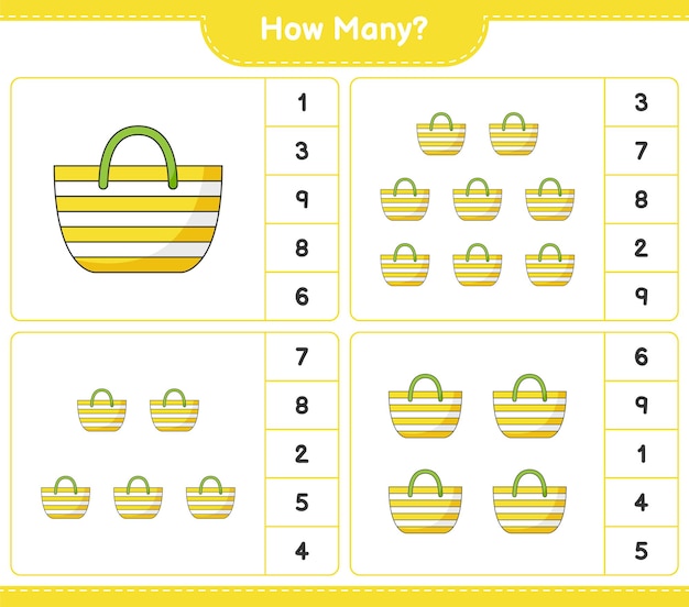 Counting game, how many Beach Bag. Educational children game, printable worksheet 