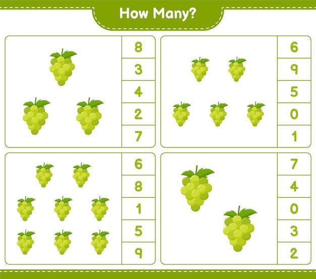 Counting game, how many Grapes. Educational children game, printable worksheet