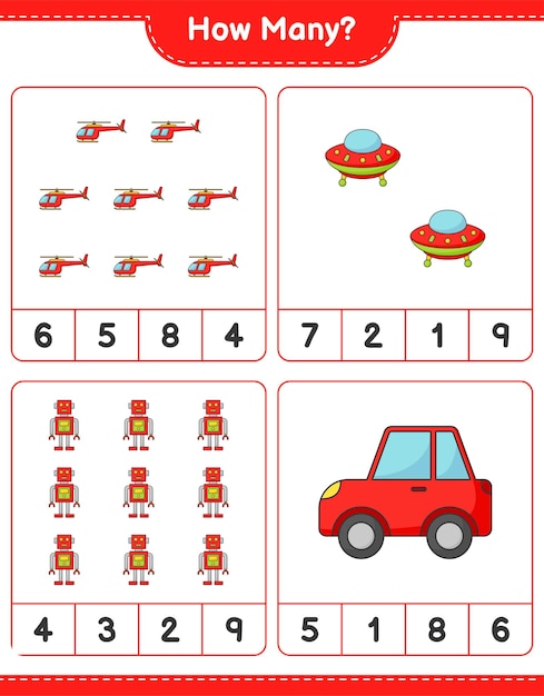 Counting game how many Helicopter Ufo Robot and Car Educational children game printable worksheet vector illustration