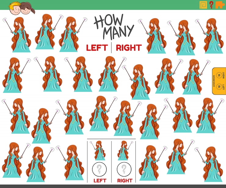 Vektör counting left and right pictures of cartoon witch girl