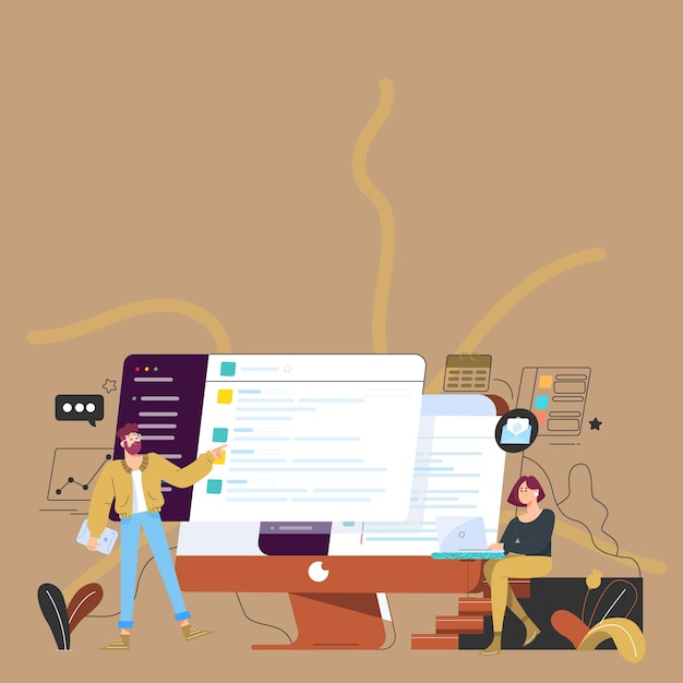 Couple drawing using desktop computer helping each other accomplishing work man pointing to a big