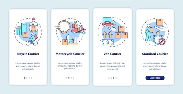 Courier business onboarding mobile app screen. Delivery service walkthrough 4 steps graphic instructions pages with linear concepts. UI, UX, GUI template. Myriad Pro-Bold, Regular fonts used