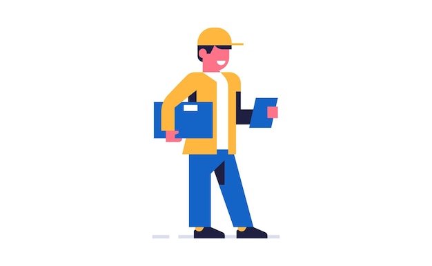 courier online delivery of parcels courier from a delivery service with an order box happy man in working uniform flat vector illustration isolated on background