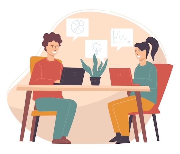 Coworkers discussing strategies of business development. Man and woman talking using computers to present ideas and analysis. Students working on university project together. Vector in flat style