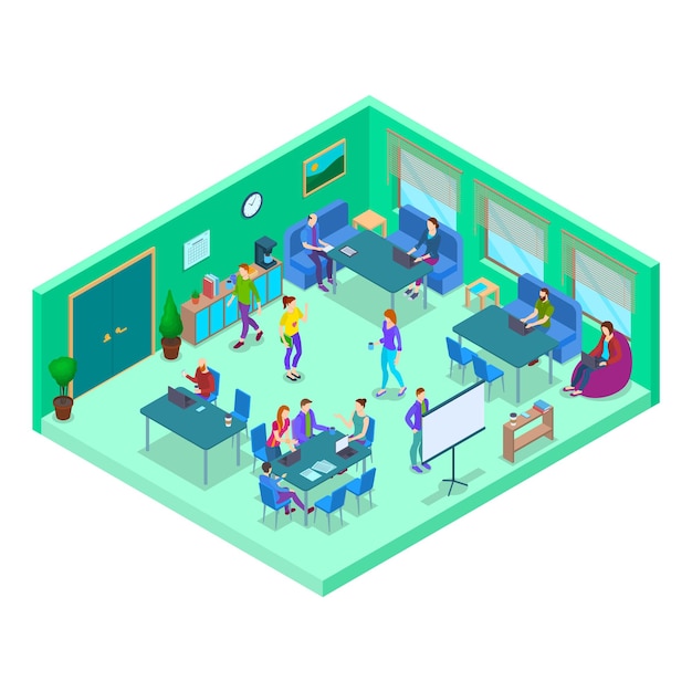 Coworking Center Interior with Furniture Isometric View Vector