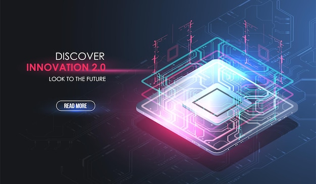 CPU concept with futuristic HUD elements. Digital chip. AI. Circuit board.