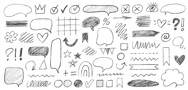 Crayon doodle set with handdrawn speech bubbles marks and chalk elements on black board