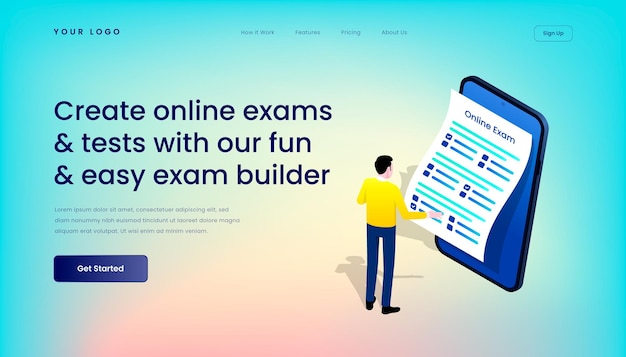 Create online exams & tests with our fun & easy exam builder Landing Page Template with   Isometric 3d   Illustration Mobile User Interface