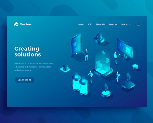 Creating solutions office people characters and interact with computer and smartphone landing page or banner template 3d isometric vector illustration