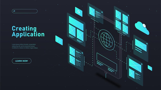 Creating web application black poster smartphone with ui and ux design user interface program