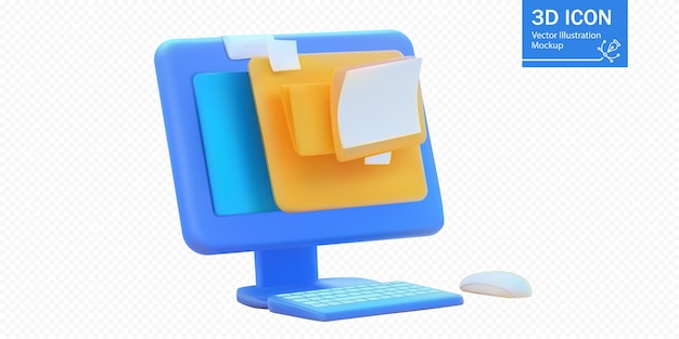 creative 3d vector illustration showcasing a computer monitor with vibrant folder icons and sticky notes ideal for digital file management organization and workflow concepts