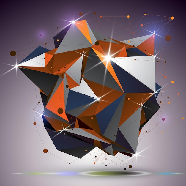 Creative asymmetric polished object with lines mesh. 3d colorful shiny complicated engineering abstraction with lights effect. Bright netting modeling element.