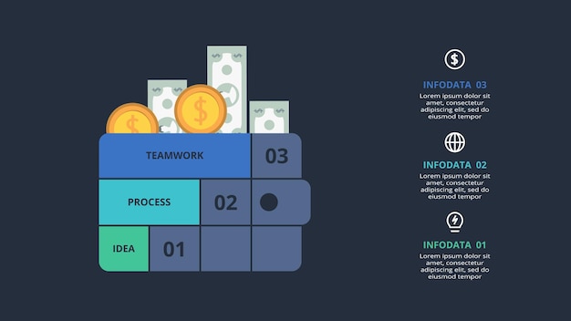 Creative dark infographic with 3 elements template for web on a black background business presentation