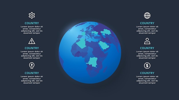 creative dark infographic with 6 elements template for web on a black background business presentation