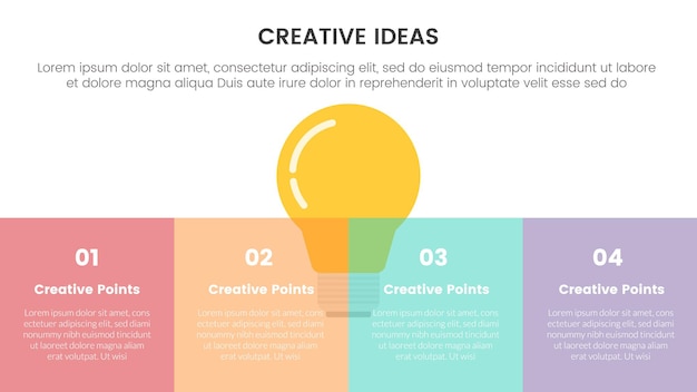creative idea concept infographic 4 point stage template with lightbulb and box description on bottom for slide presentation vector