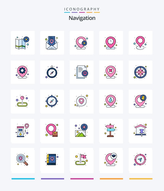 Creative Navigation 25 Line FIlled icon pack Such As map location pin pin time clock