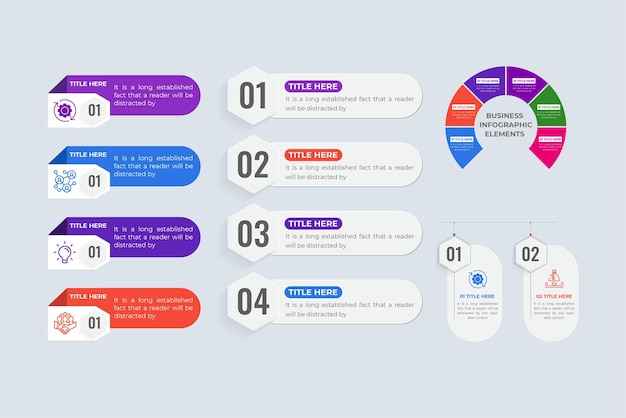 Creative office infographic and pie chart design collection with work process steps Modern business presentation elements and diagram vector bundle Abstract data visualization infographic set vector