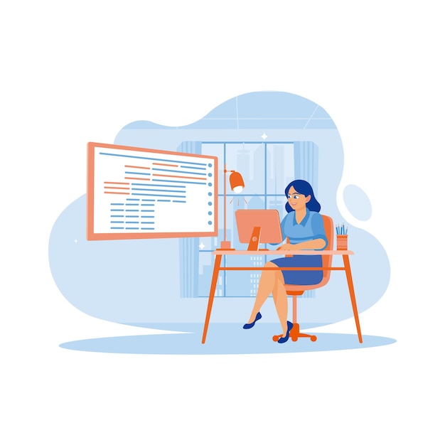 Creative young woman working from home at night Write code to develop software on desktop computers