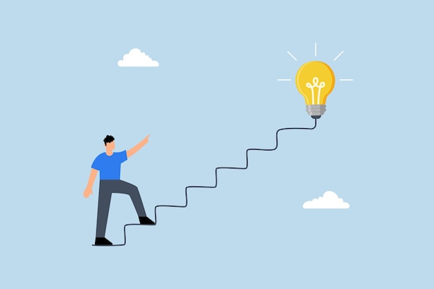 creativity for business idea businessman starts walking on power line like staircase to big idea bulb
