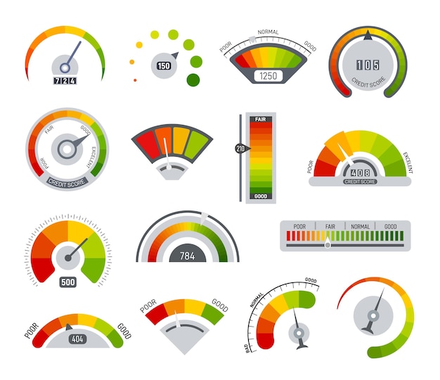 Credit indicators Time and speed scores speedometer indicator Colorful scales financial and credits measuring Car gauge and power scale exact vector set