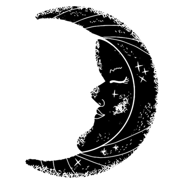 Crescent moon with face in linocut style with shabby texture vector element