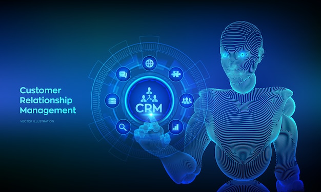 CRM. Customer Relationship Management. Customer service and relationship. Wireframed cyborg hand touching digital interface.
