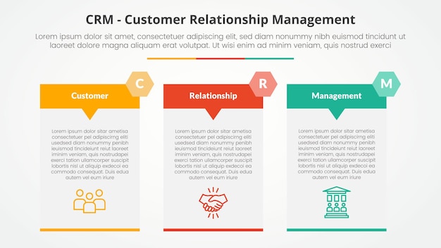crm customer relationship management infographic concept for slide presentation with big table arrow header badge with 3 point list with flat style