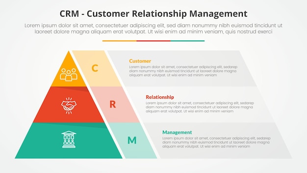 CRM customer relationship management infographic concept for slide presentation with pyramid shape and transparent container box with 3 point list with flat style