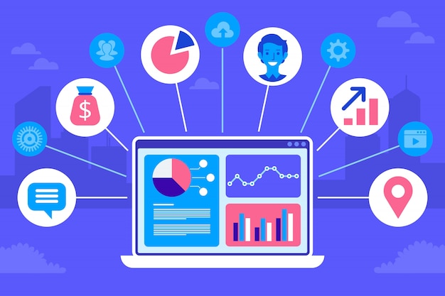 CRM koncept design. Flade ikoner af regnskabssystem, klienter, support, aftale.
