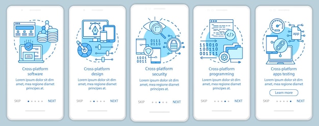 Cross platform application onboarding mobile app page screen vector template. Cyber security software. Walkthrough website steps with linear illustrations. UX, UI, GUI smartphone interface concept