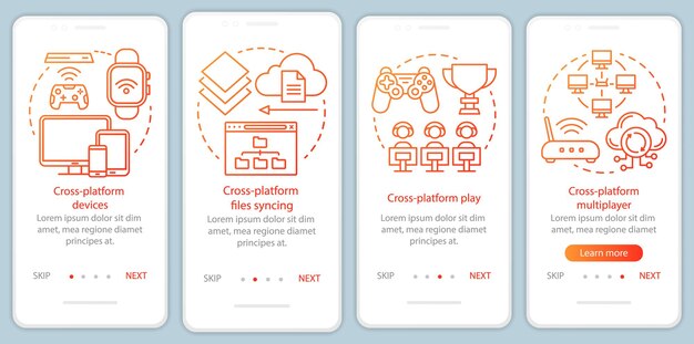 Cross platform multiplayer onboarding mobil app side skærm vektor skabelon