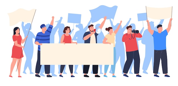 crowd of opposing people taking part in a protest rally with flags and banners men and women take part in a political rally vector illustration