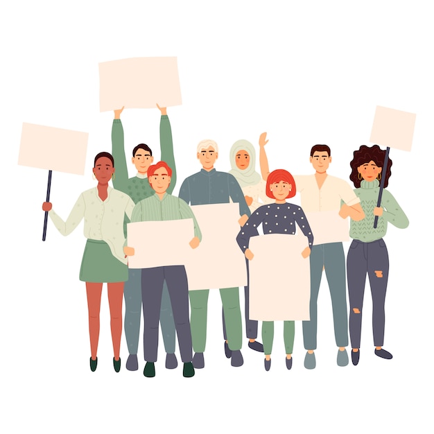 crowd of protesting people holding banners and placards. men and women taking part in political meeting, parade or rally. group of male and female protesters or activists.  illustration.