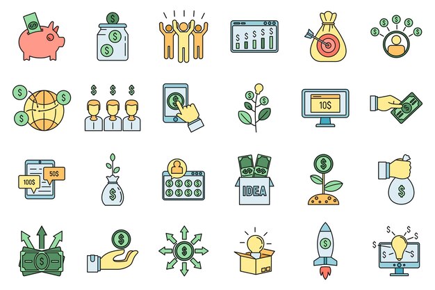 Crowdfunding idea icons set Outline set of crowdfunding idea vector icons thin line color flat on white