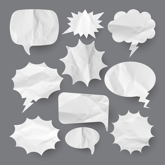 Crumpled paper comic speech bubbles hand drawn retro cartoon stickers pop art style old vintage
