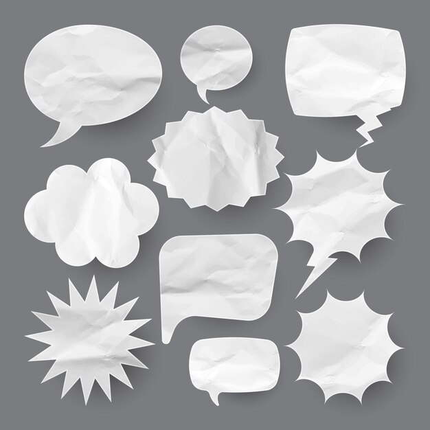 Crumpled paper comic speech bubbles hand drawn retro cartoon stickers pop art style old vintage
