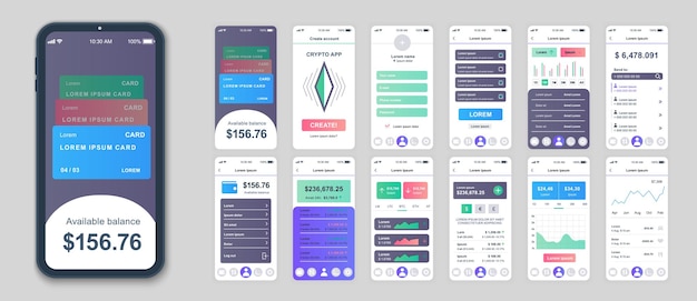 Crypto mobile app interface screens template set Online account financial analysis earnings chart currency exchange platform Pack of UI UX GUI kit for application web layout Vector design