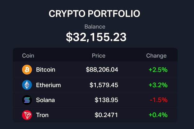 Crypto portfolio balance display with coin names and change stats