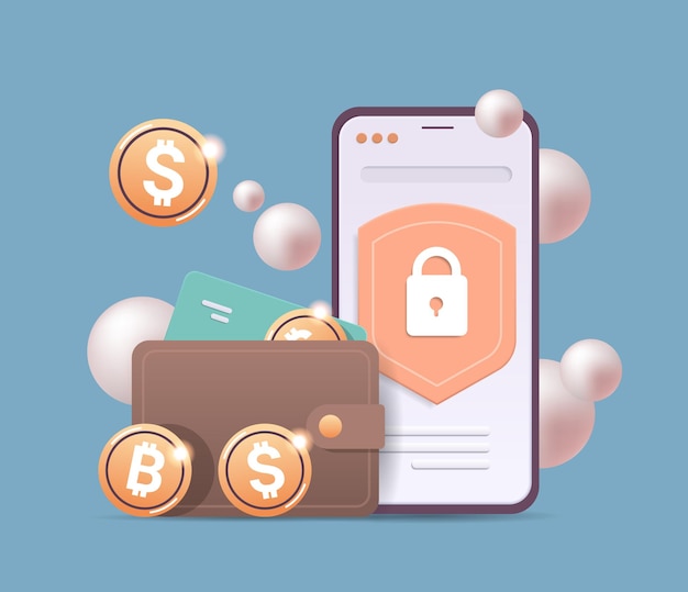 Crypto wallet with golden coins on smartphone screen cryptocurrency blockchain technology digital currency
