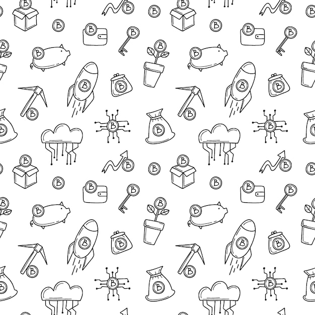 Cryptocurrency background Bitcoin icons backdrop Line financial objects outline crypto coins blockchain technology Mining exchange and groth wallet vector isolated doodle seamless pattern
