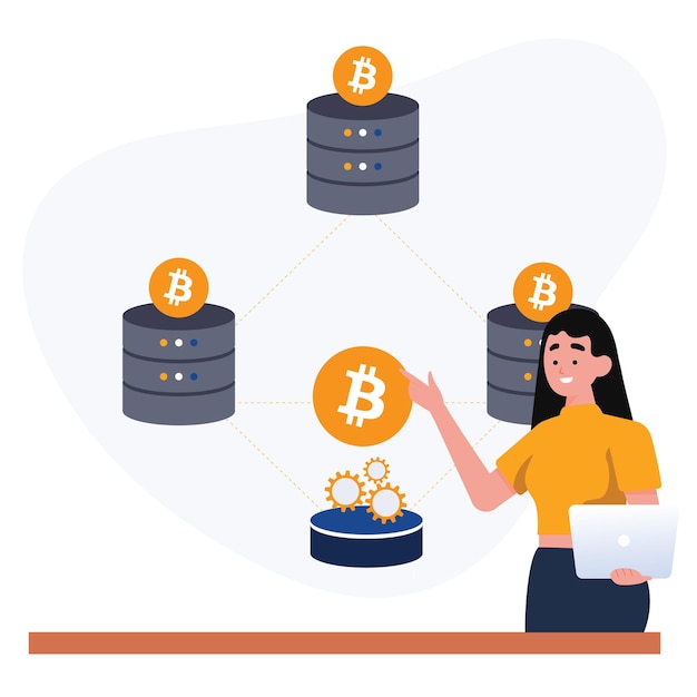 Cryptocurrency blockchain conpet with servers and coins