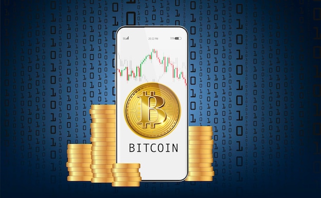 cryptocurrency coins bitcoin in smartphone display app with text and growth and fall indicators on binary code background vector illustration